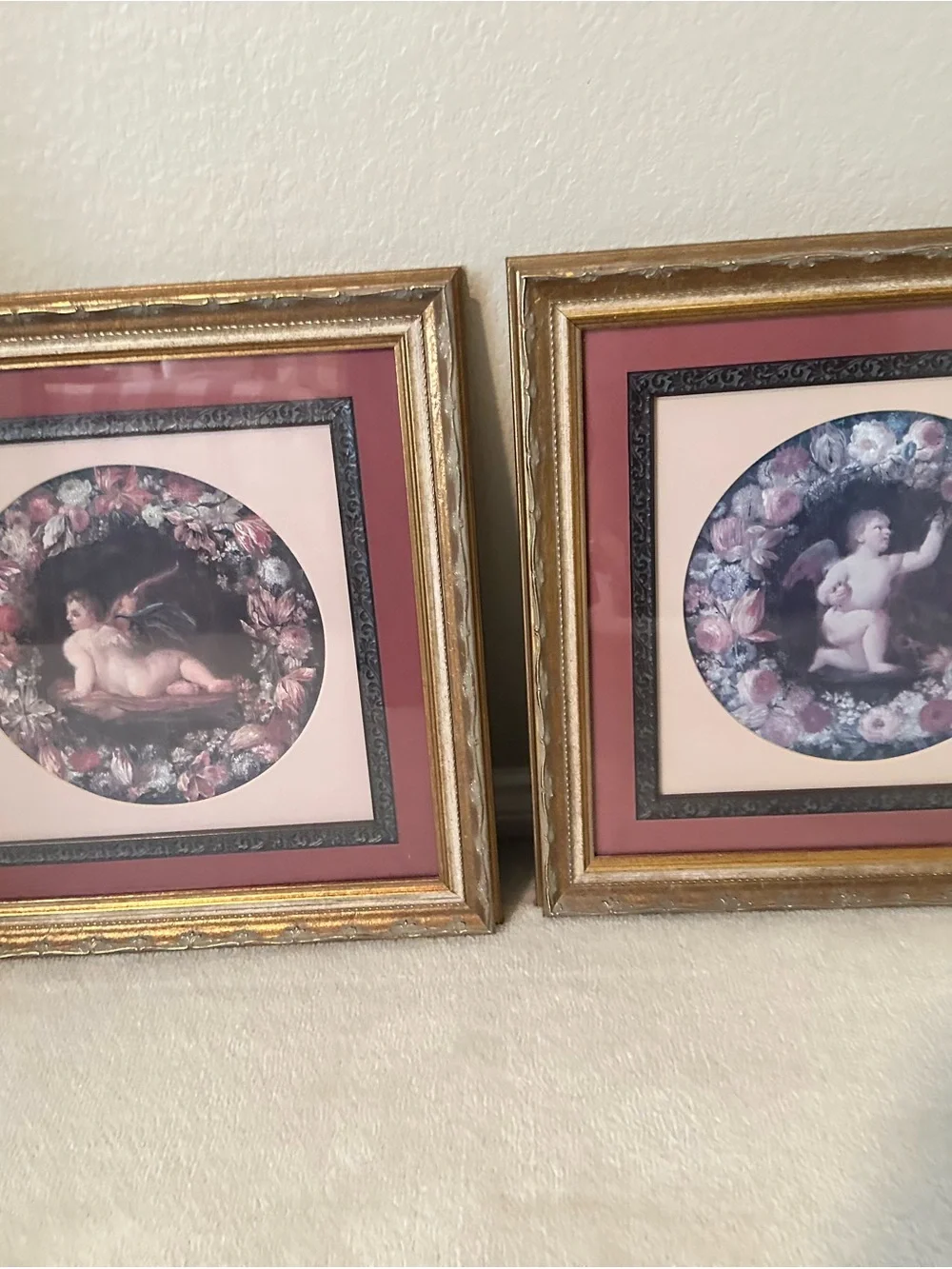 Gold Frame Cherub Wall Art Pair - Mauve Accent
